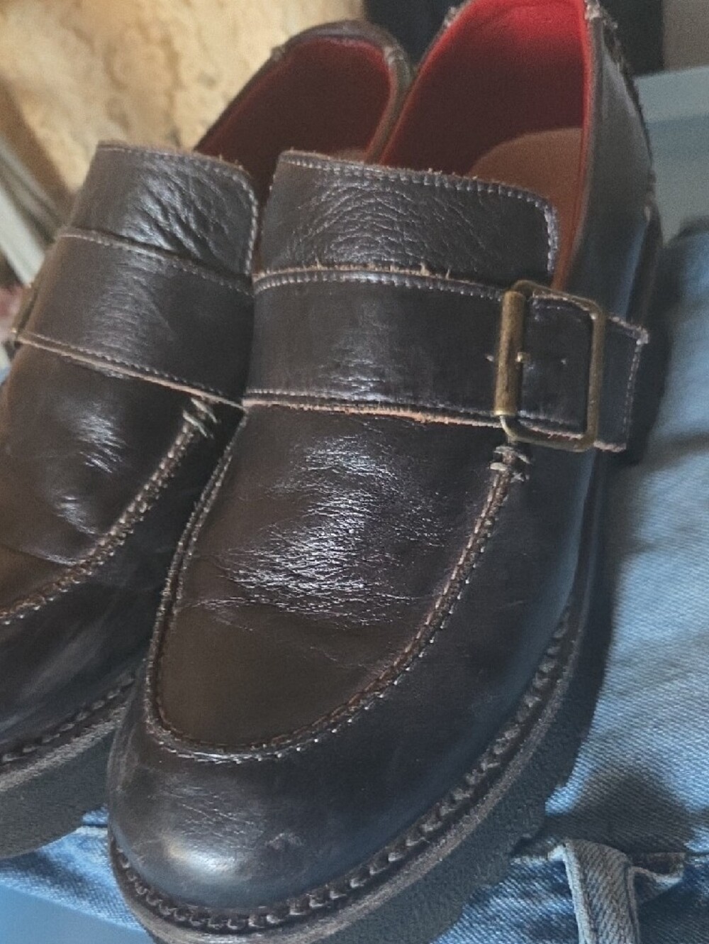 BED|STU Black Leather Platform Monk Strap Loafers with Red Lining - Picture 6 of 6